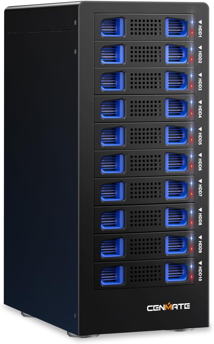 10 Bay Hard Drive Enclosure with Cooling Fan for 2.5/3.5" SATA HDD/SSD with USB A/C 3.0 Cable, 3.5 Hard Drive Enclosure Supports 200TB Capacity, Tool-Free HDD Enclosure, DAS(NO RAID/NAS)