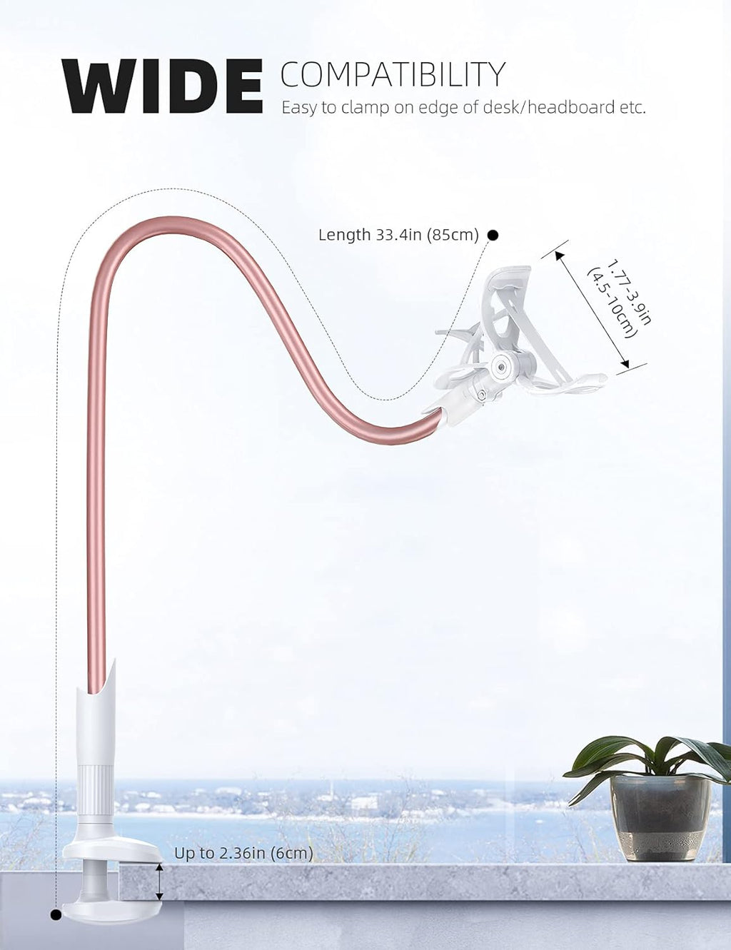 Lamicall Phone Holder Bed Gooseneck Mount - Cell Phone Clamp Clip for Desk, Flexible Lazy Long Arm Headboard Bedside, Overhead Mount Stand, for 4-7" Phone, iPhone 15 Pro Max, 14 Plus, 13, Rose Gold
