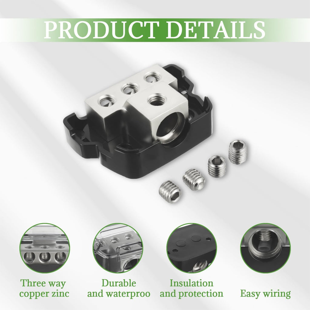 BOJACK 3 Way Power Distribution Connecting Block 1x0/2/4 Gauge Input 3x4/8 Gauge Output Power Distribution Block for Car Amplifier Audio Splitter