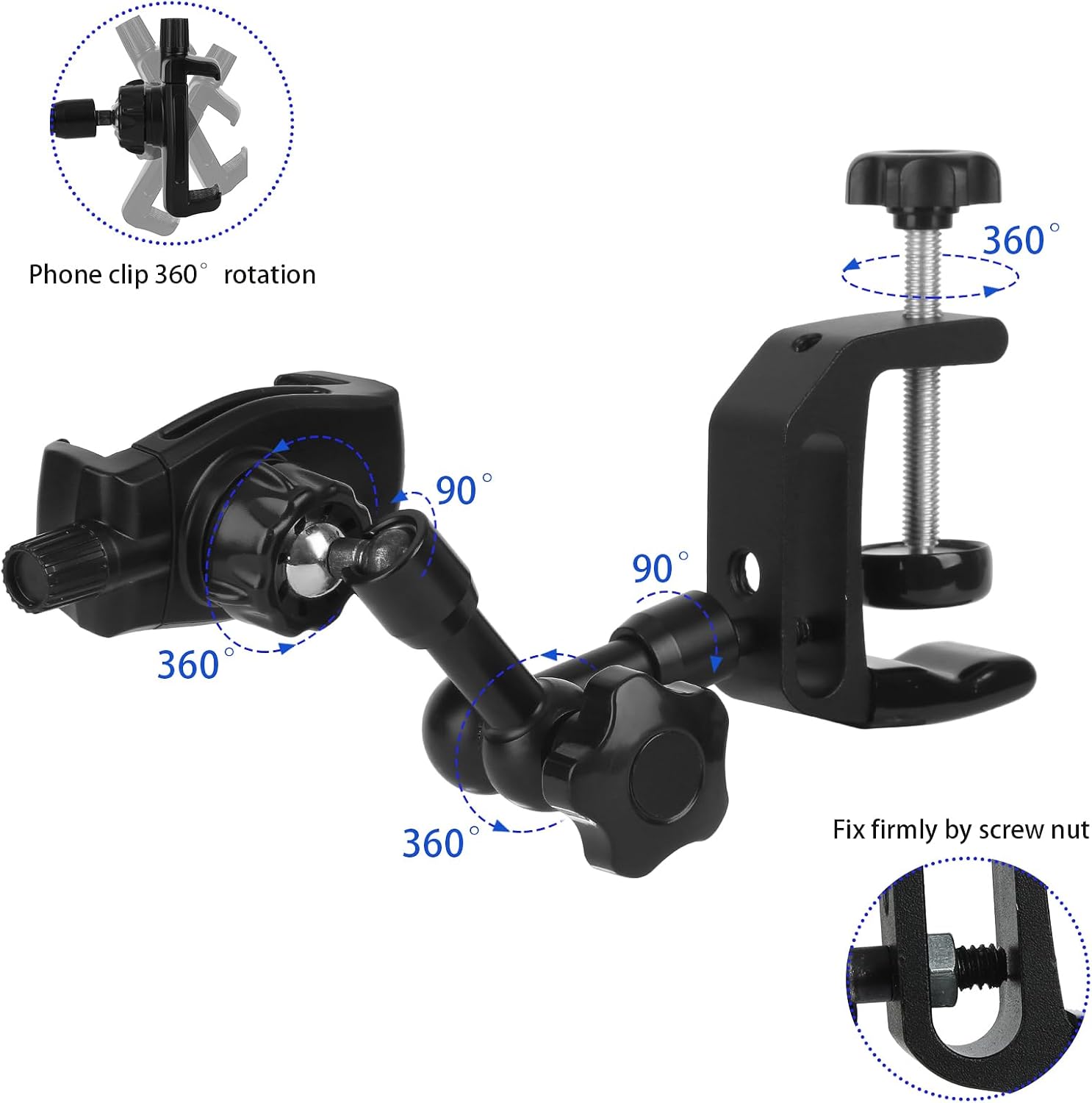 iPhone Mount for Desk/Table/Rod/Kitchen Cabinet,360°Adjustable Aluminum Alloy Phone Stand,Clip Holder Compatible with 3.5~7.5" iPhone/Nexus/HTC/Huawei/Smartphone