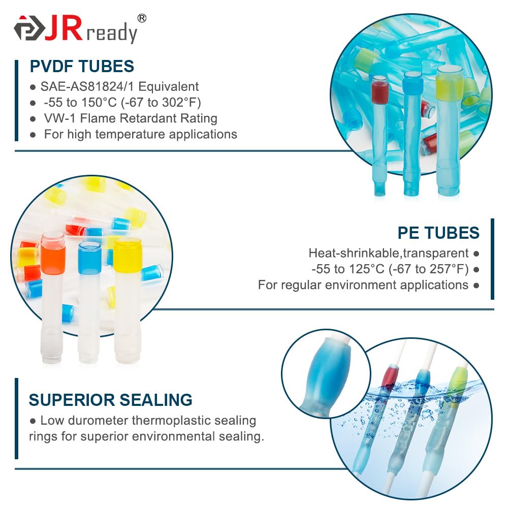 JRready 50Set IP68 Waterproof Butt Splice Connectors Red MiniSeal Crimp Splice Kit 26–20 AWG (M81824/1-1) Wire-to-Wire Butt Terminals with PVDF/PE Heat Shrink Tubes ST6385-20-50