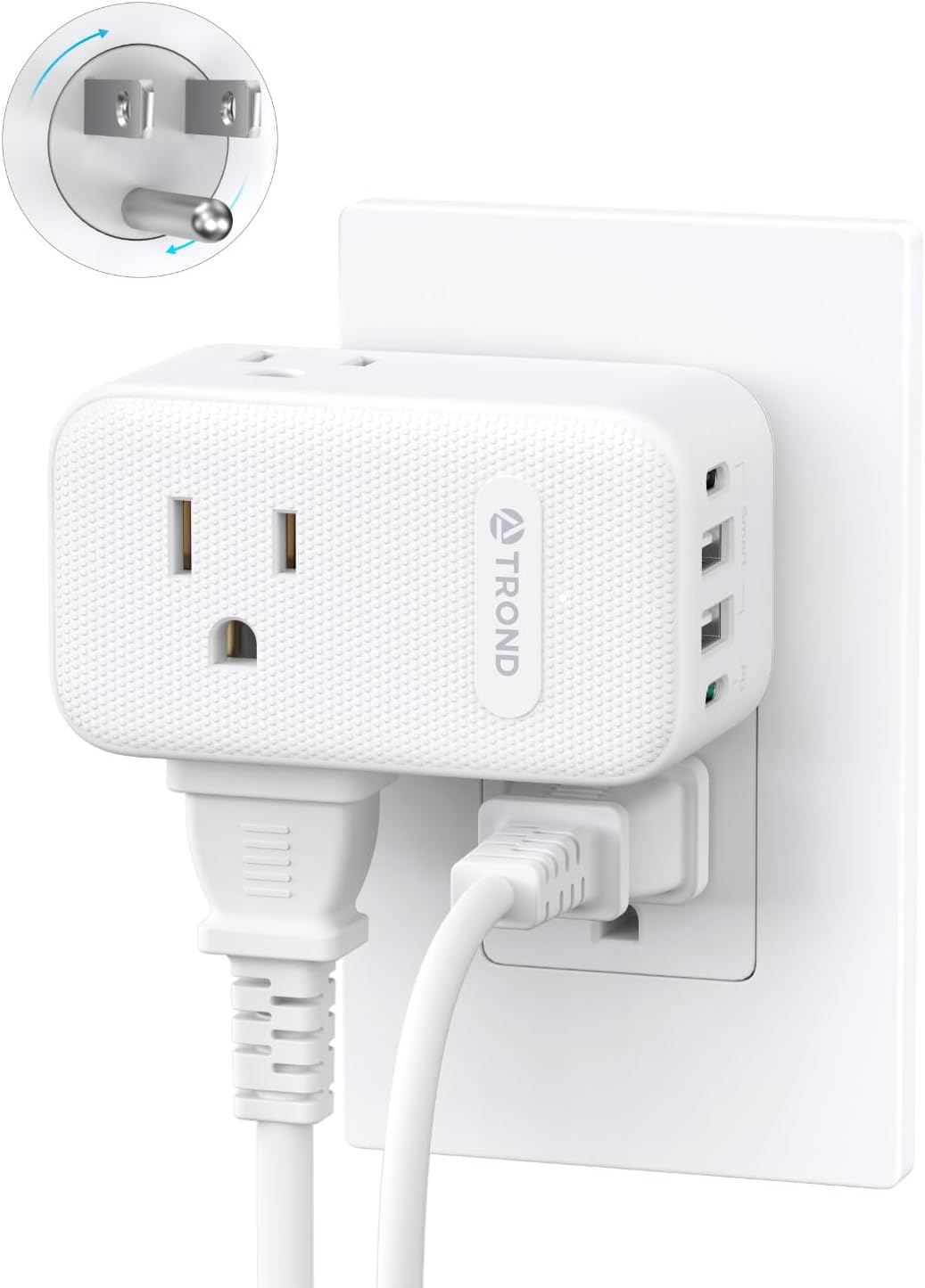 TROND Outlet Extender with 360 Rotating Plug, 3 AC Outlet Splitter with PD 20W USB C Charger, USB Wall Plug Adapter, A Small Charging Station for Kitchen Bathroom Cruise Ship Travel Essentials