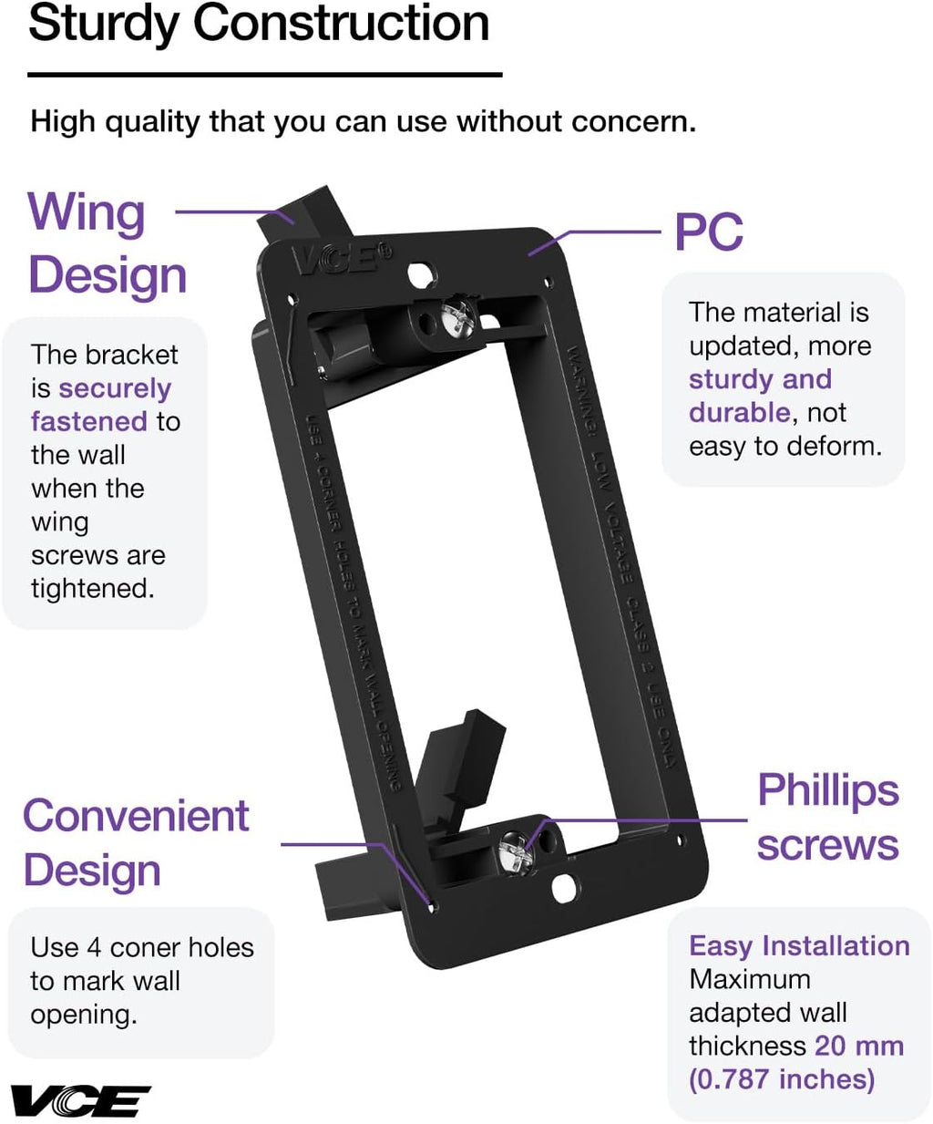 VCE Low Voltage Mounting Bracket (1 Gang, 5 Pack) for Single Gang Wall Plate, Telephone Wires, Network Cables, HDMI, Coaxial, Speaker Cables, Black