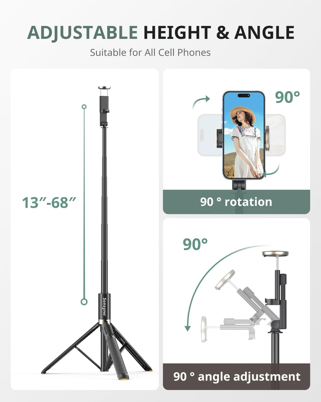 Sensyne 63" Selfie Stick Tripod, Extendable Phone Tripod with Wireless Remote Compatible with Cell Phones for Selfies, Photography,Video, Live Stream