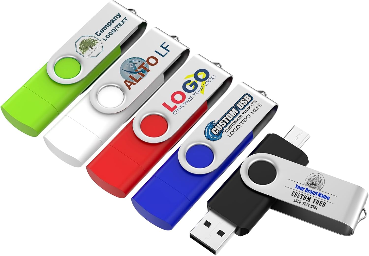 Customizable 64GB Flash Drive 10 Pack, ABLAZE Dual USB 2.0+ Type C Thumb Drives with Logo Personalized USB Memory Sticks (Mixed Colors)