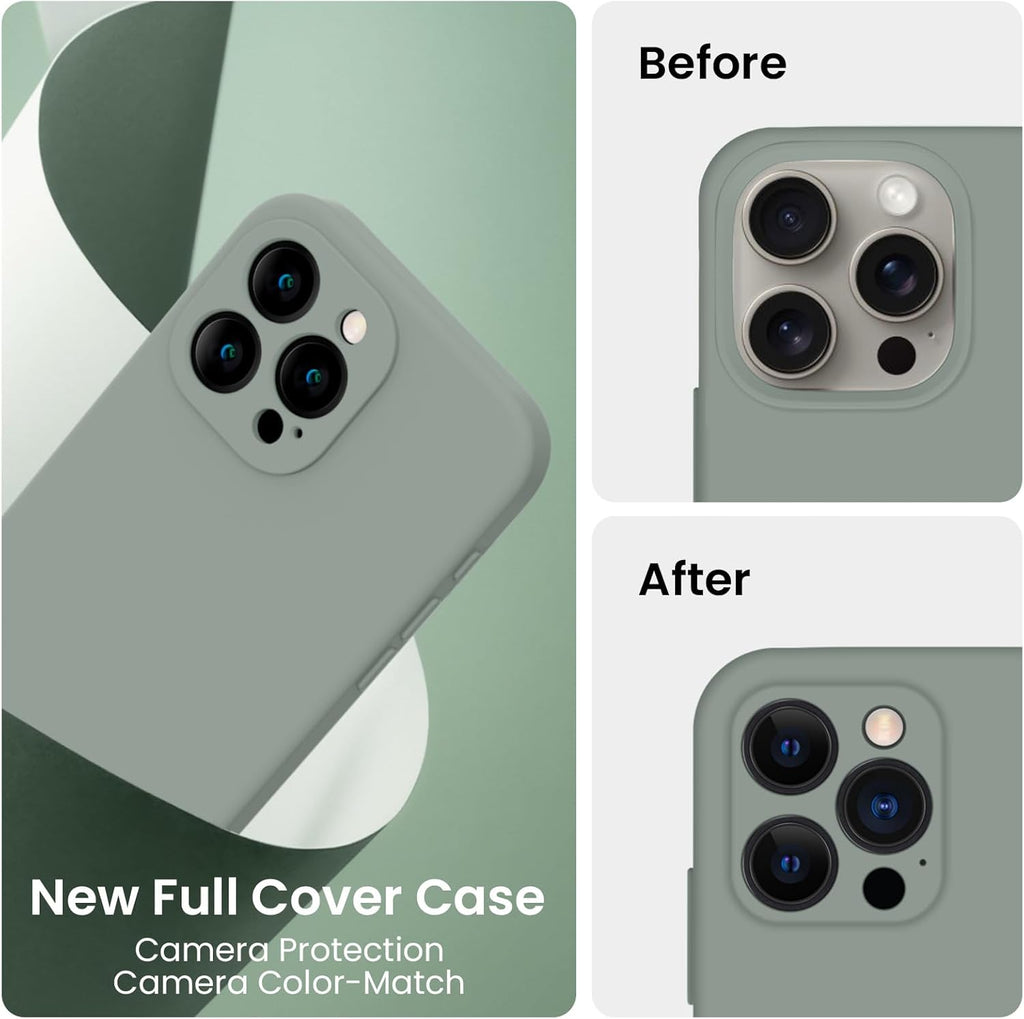 FireNova Designed for iPhone 15 Pro Case, Silicone Upgraded [Camera Protection] Phone Case with [2 Screen Protectors], Soft Anti-Scratch Microfiber Lining Inside, 6.1 inch, Calke Green