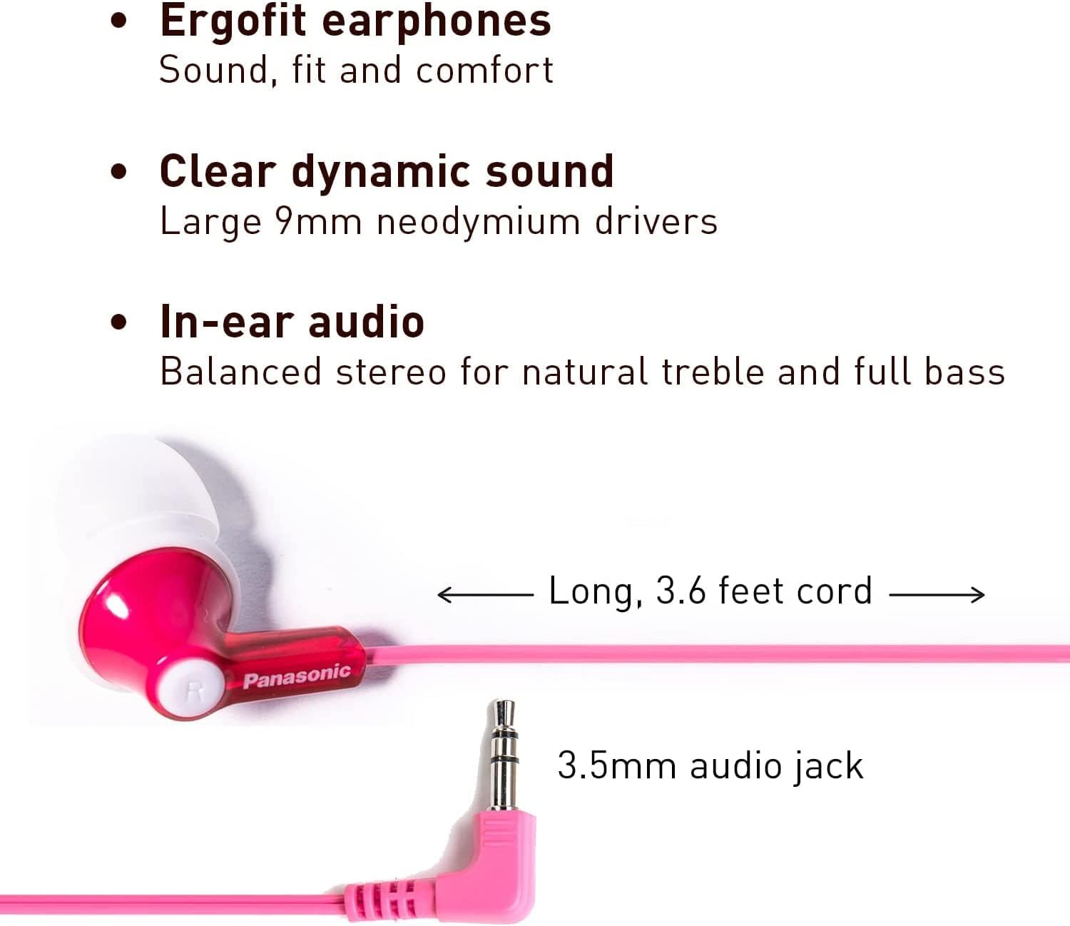 Panasonic ErgoFit Wired Earbuds, 3.5mm Jack In-Ear Headphones Wired with Dynamic Crystal-Clear Sound and Ultra Soft Ergonomic Custom-Fit Earpieces (S/M/L), for Phones and Laptops - RP-HJE120-P (Pink)