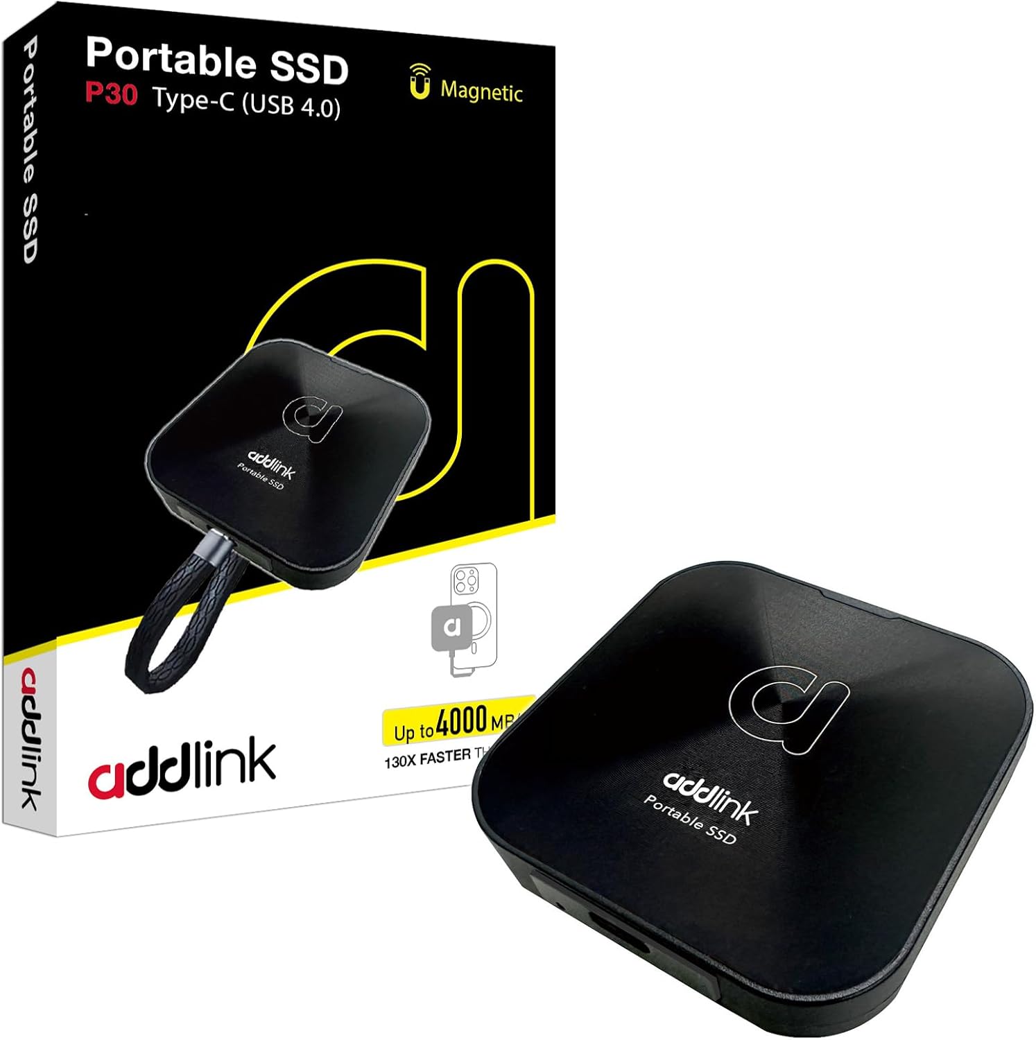 Addlink P30 1TB Magnetic Portable SSD, USB4 4000MB/s Compatible with Thunderbolt 4, ProRes 4K 120fps, PS5/PS4, MagSafe, Aluminum, for iPhone, PC, Mac, Android