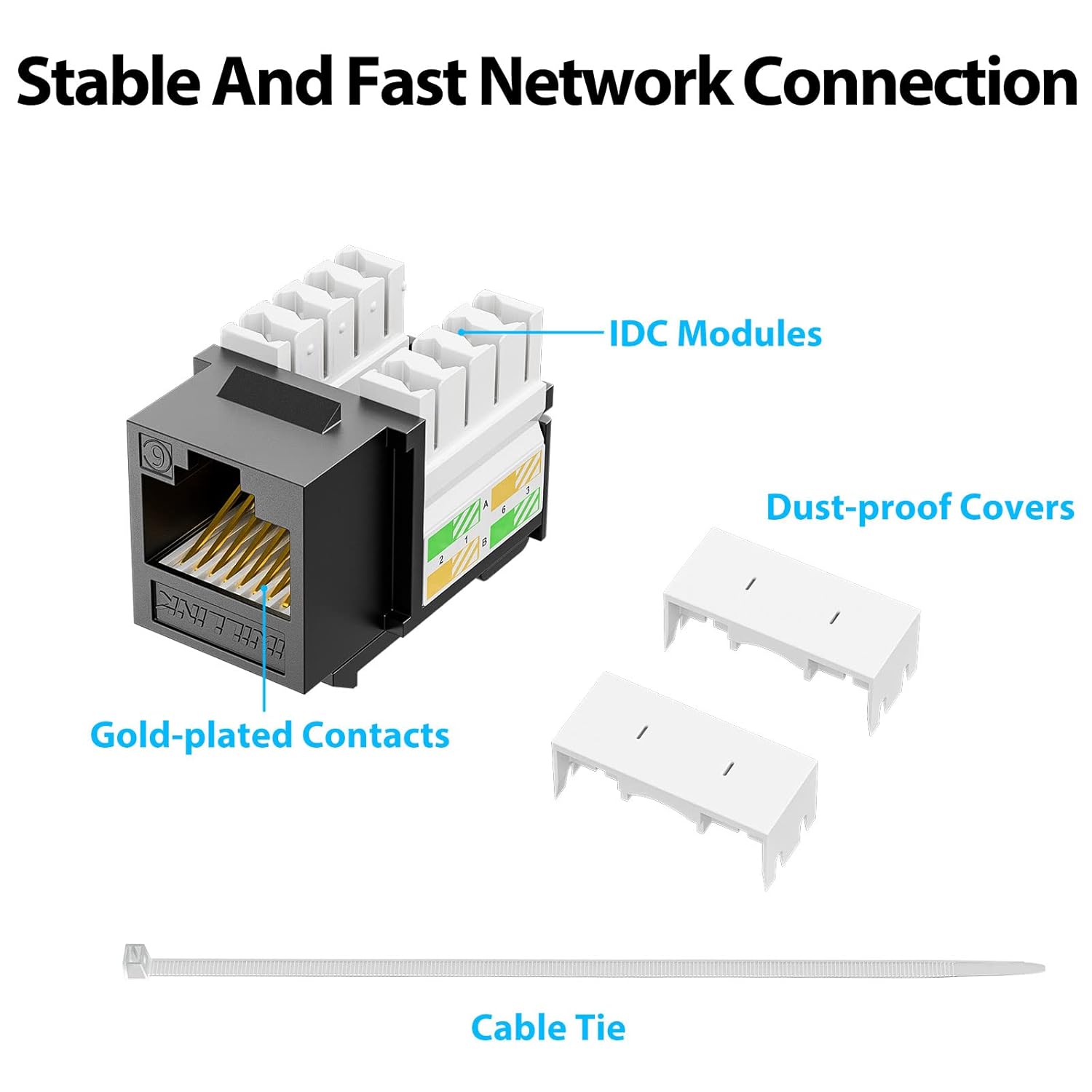 iwillink 10Gbps Cat6 Keystone Jack and Punch-Down Stand, 50-Pack, RJ45 Ethernet Keystone Jacks, 90-Degree UTP Modular Punch Down Keystone Jack Adapter, Black