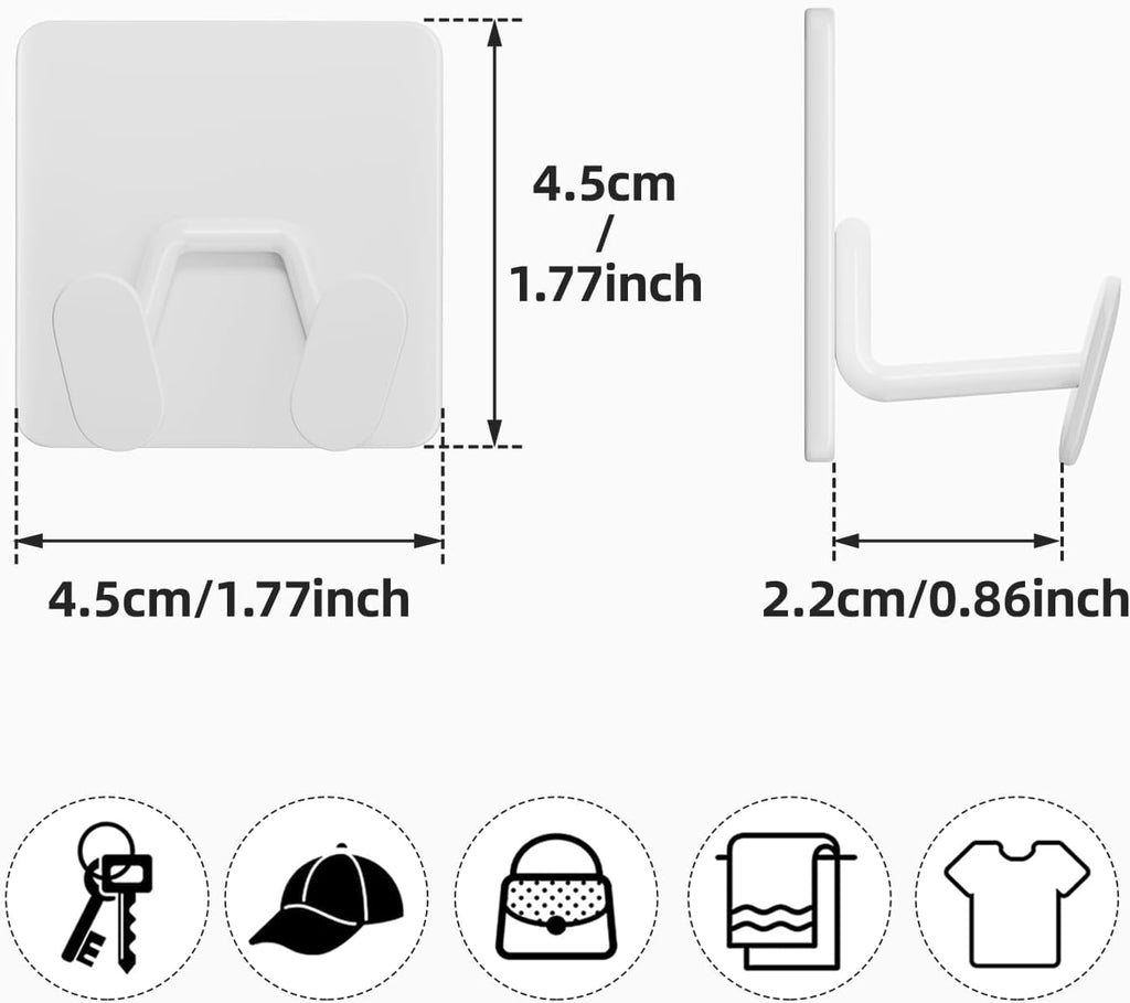 Adhesive Shower Hooks for Inside - Extra Sticky Stainless, Razor Holder Shower Accessories, Wall Mounted Self-Adhesive Double Hooks for Razor, Loofah, Towel, Shaver, Coat, Key, White, 4 Pack