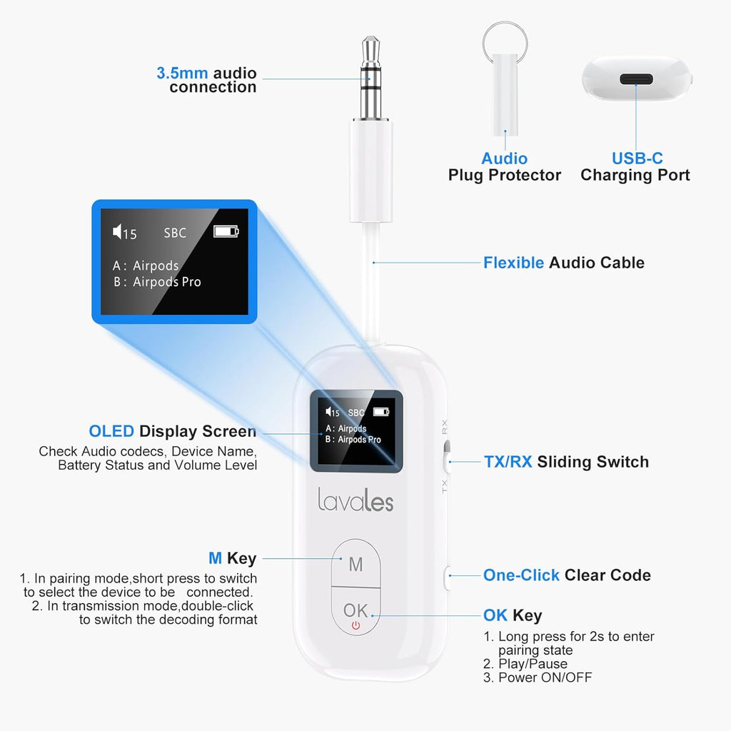 Bluetooth 5.3 Transmitter Receiver for Airplane, Wireless Audio Adapter w/Screen for 2 AirPods, AptX Adaptive/SBC/HD,100ft Long Range, 25h Playtime, 3.5mm Aux Adapter for TV, Speakers, MP3