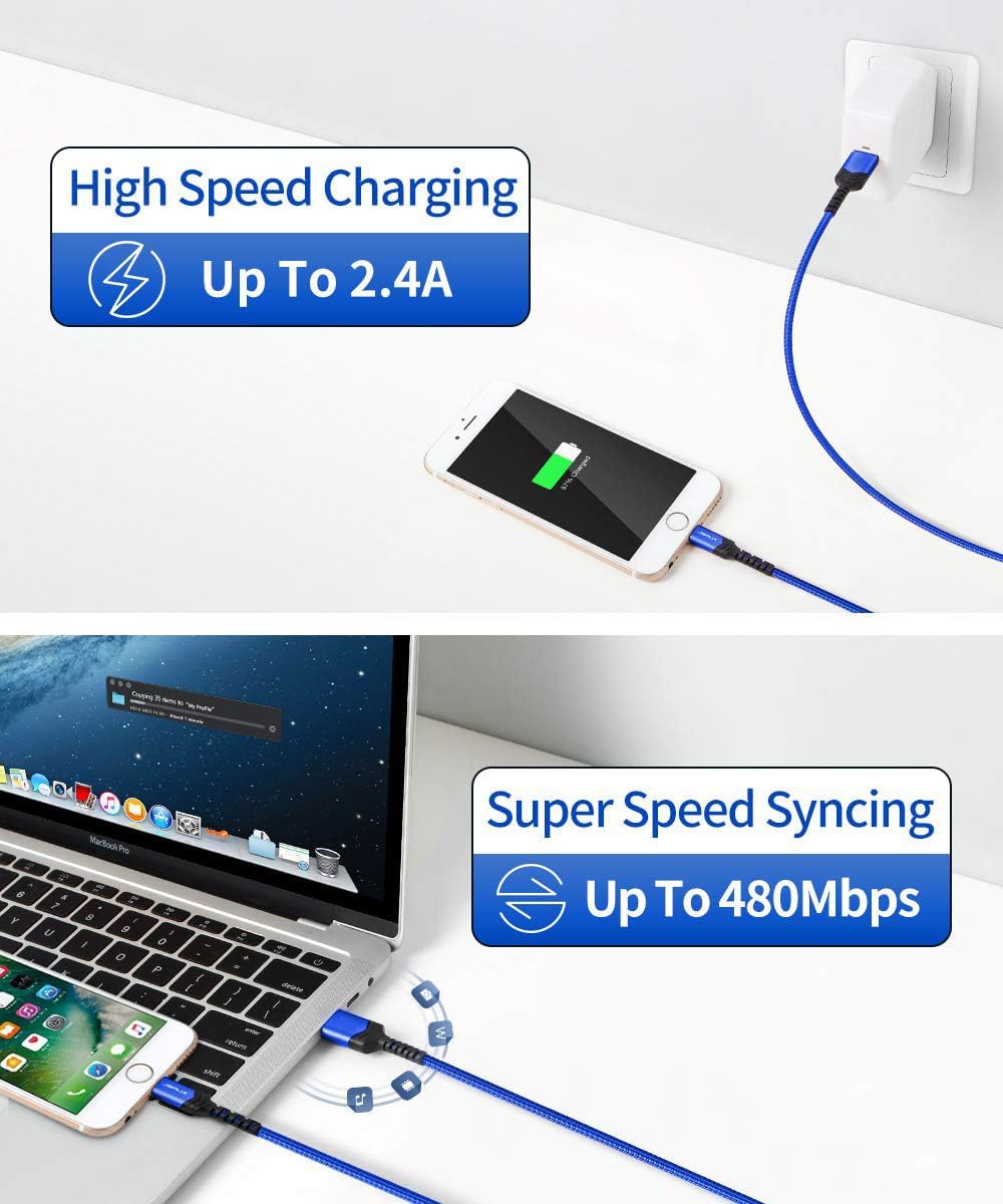 JSAUX for iPhone Charger Cable [2-Pack 6ft], MFi Certified Lightning Cable Fast Charging Charger Cable Compatible with iPhone 13 12 11 Xs Max X XR 8 7 6s 6 Plus 5, iPad, iPod - Blue