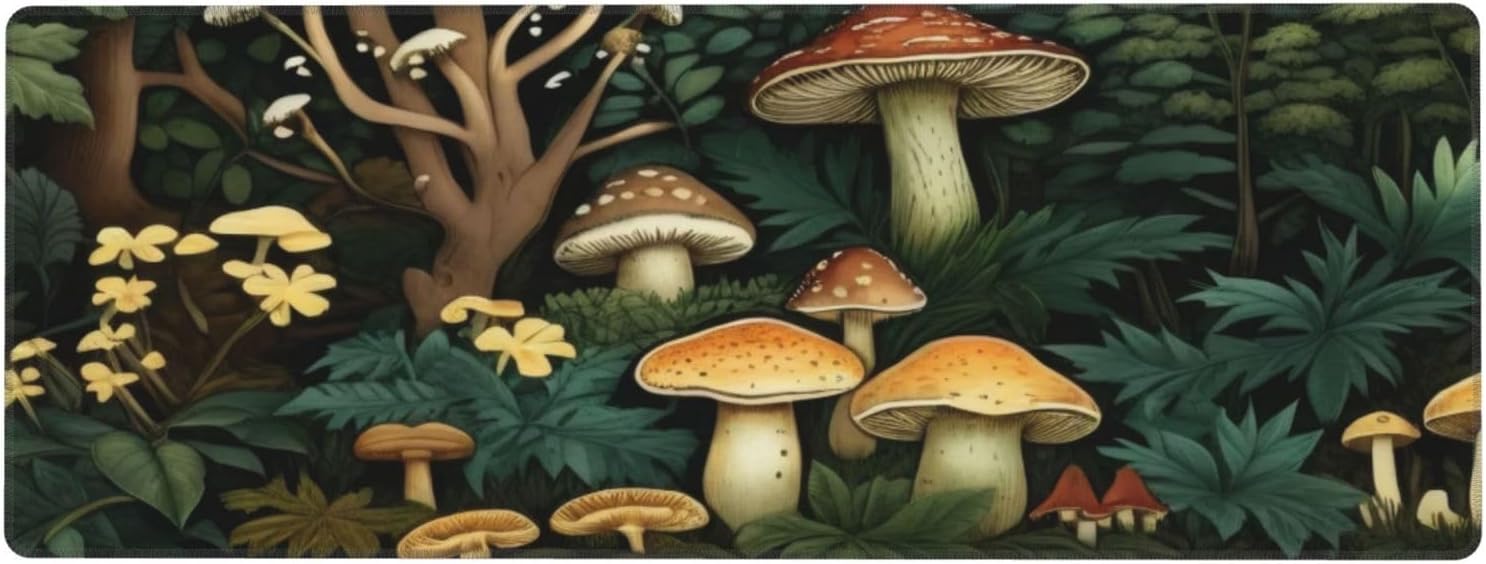 Gaming Mouse Pad, Large Non-Slip Rubber Base Mousepad, Keyboard Mouse Mat, Desk Pad with Stitched Edges, 31.5x11.8inch, Mushroom Forest