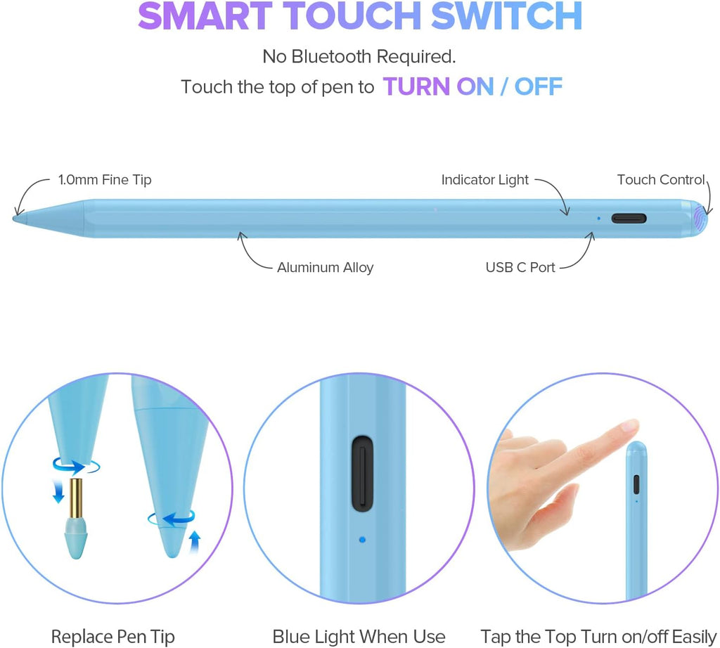 Stylus Pen for iPad with Palm Rejection, Active Pencil Compatible with (2018-2025) Apple iPad Pro (11"/12.9"/M4),iPad Air 3/4/5/M2/M3,iPad 6/7/8/9/10/11,iPad Mini 5/6 Gen(Blue)