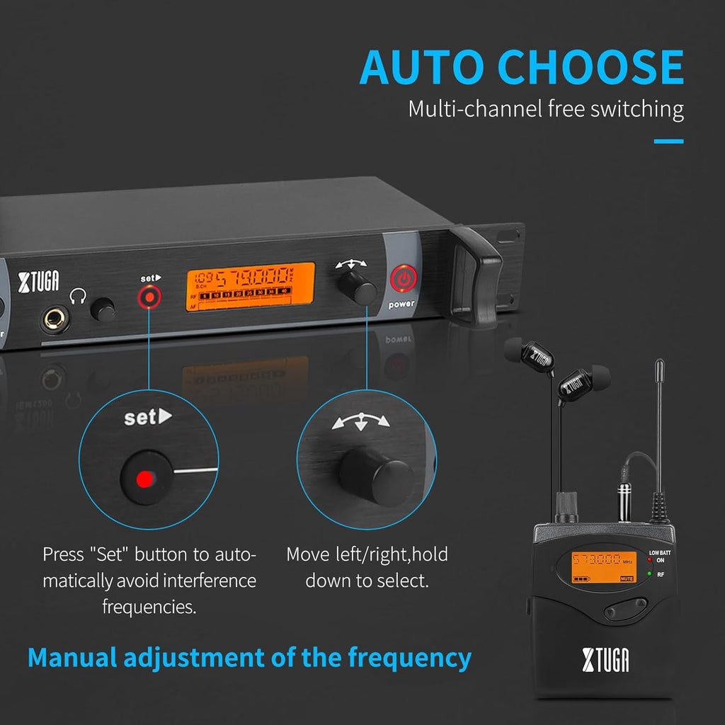XTUGA RW2080 Wireless in Ear Monitor System Mono with 2 Bodypacks, Dual Channel Design IEM UHF System Stage Monitors Earphone 300Ft Range, 40 Frequencies for Band, Studio, Musicians, 902-928mhz