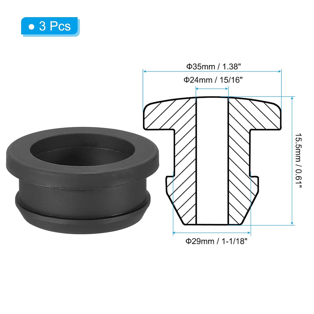 PATIKIL 29mm / 1-1/18 Inch Drill Hole,15/16 Inch ID Rubber Grommets, 3Pcs Top Hat Grommet for Wiring Eyelet Ring Gasket Automotive Firewall Cable Hole Plugs Wires Protection, Black