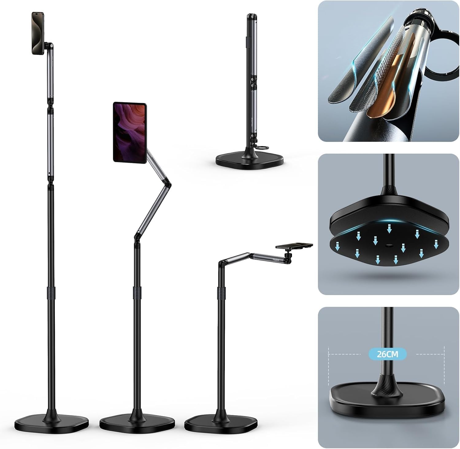 TELESIN° Magnetic Phone Tablet Floor Stand, Aluminum Alloy Phone Holder Stand for Video Recording, Overhead Bed/Sofa Phone Mount Height Adjustable Ultra Stable Base for Magsafe/iPhone/Android/iPad