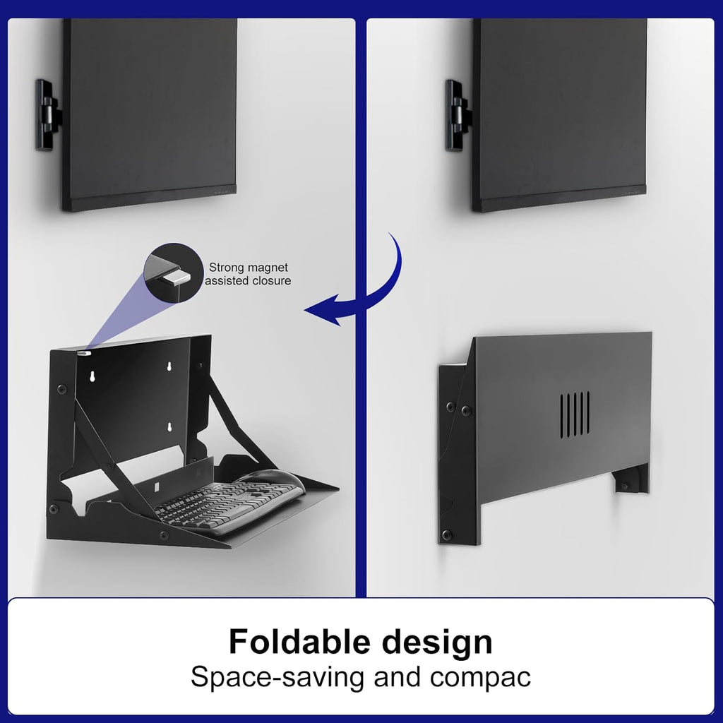 1 Pcs 24 Inch Keyboard Wall Mount Foldable Fits Standard Computer Keyboard Mouse Stand Tray Organizer for Small Offices Apartments, Easy Installation with 4 Screws (Black)