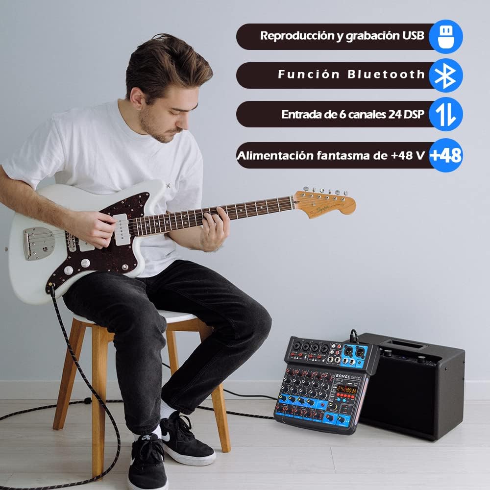 BOMGE 6 Channel mini DJ Audio sound mixer console with USB interface, Bluetooth, Stereo Recording, 48V Phantom Power, 24 DSP effects for karaoke, singing, live，streaming，pc recroding. (black)