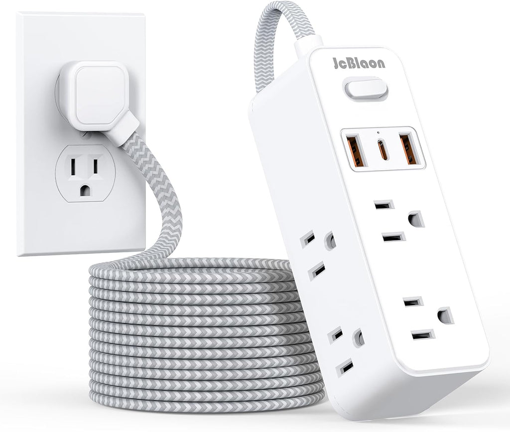 Extension Cord with Multiple outlets, 10 Ft Braided Power Cord, 6 Widely Outlets with 3 USB Ports (1 USB C), Ultra Thin Flat Plug, 3 Sided 1050J Power Strip Surge Protector for Home Travel Office