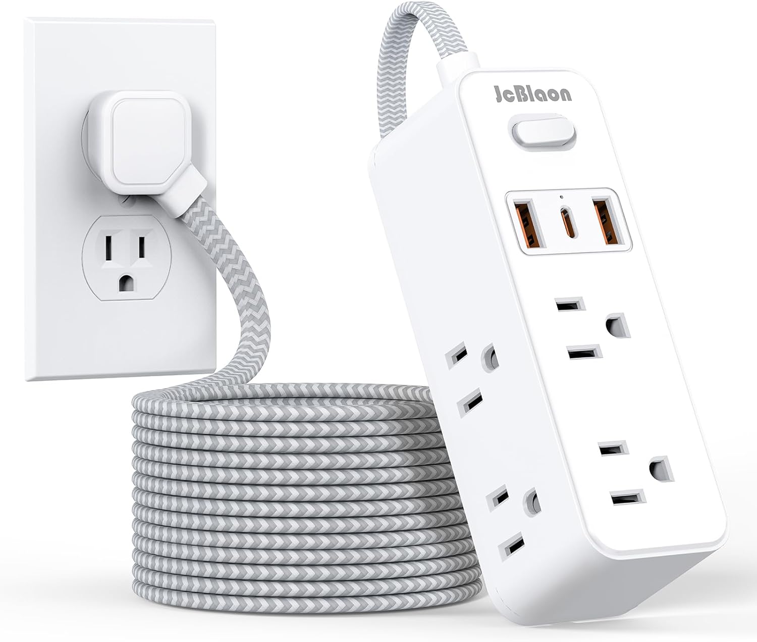 Extension Cord with Multiple outlets, 10 Ft Braided Power Cord, 6 Widely Outlets with 3 USB Ports (1 USB C), Ultra Thin Flat Plug, 3 Sided 1050J Power Strip Surge Protector for Home Travel Office
