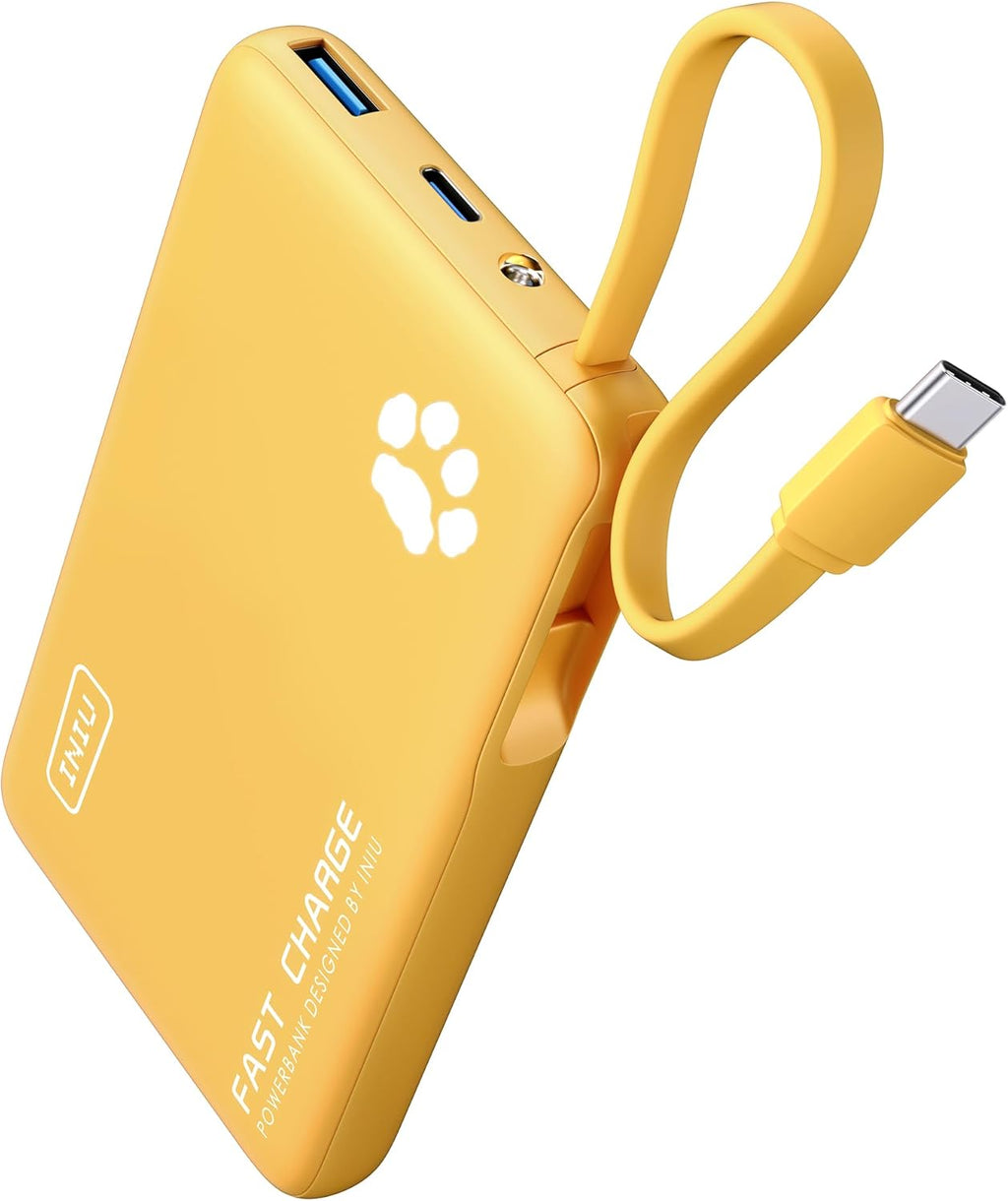 INIU Portable Charger, Slim 10000mAh Power Bank with Build in USB-C Cable, 20W Fast Charging Small Phone Charger, Flight Cruise Ship Trip Accessories Essentials for College Student Boy Girl, Yellow