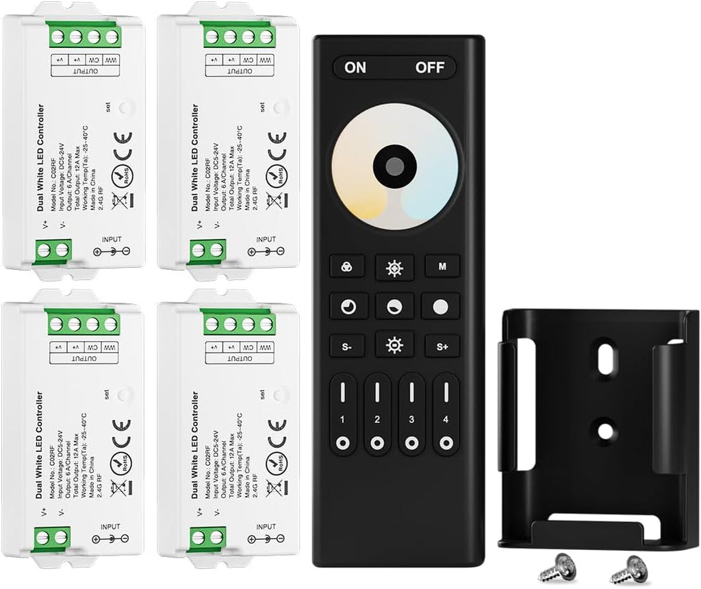 BTF-LIGHTING RF 2.4GHz Wireless Remote RC02RFB &4PCS C02RF Tuya Controller Kit 4 Zone Group Control PWM CCT(+ CW WW) 3pin 5050SMD FCOB COB Dual White LED Strip DC5V DC12V DC24V