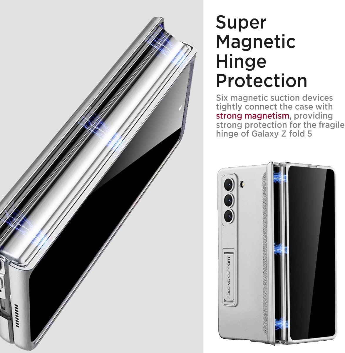 Miimall for Samsung Galaxy Z Fold 5 Case with Privacy Screen Protector, Built-in Adjustable Kickstand & Magnetic Hinge Protection All-Inclusive Protective Case for Galaxy Z Fold 5 5G(Silver)