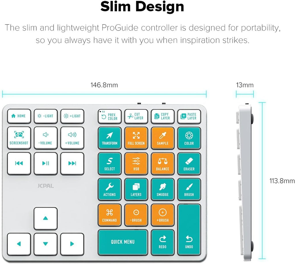 JCPAL ProGuide Wireless Keyboard for Procreate - Bluetooth Rechargeable Macro Pad Mini Keyboard for iPad Procreate with 35 Color-Coded Buttons