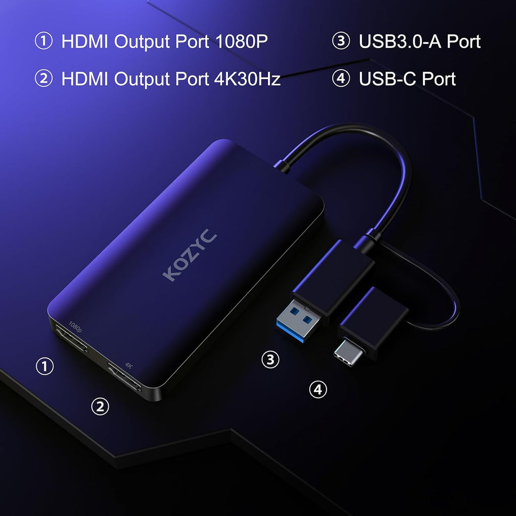 USB 3.0 to HDMI Splitter Extended Display Dual Monitors, USB 3.0-A/C to Dual HDMI Adapter 4K@30Hz+1080p@60Hz Compatible MacBook/MacBook Pro Air Dell (MST Support MacOS/Windows)