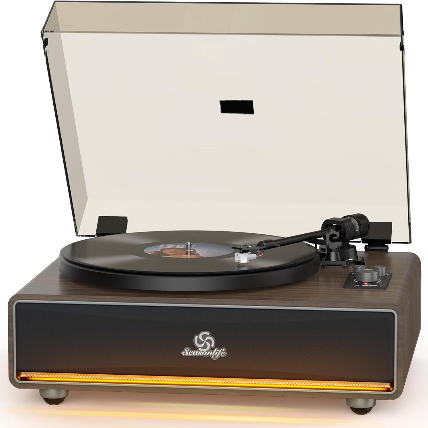 Vinyl Record Player Built in HiFi Stereo Speakers BT Wireless Input Belt Drive Iron Platter Turntables for Vinyls Records with MM Audio AT-3600L Cartridge Soft Warm Light Design Wooden Cream Brown