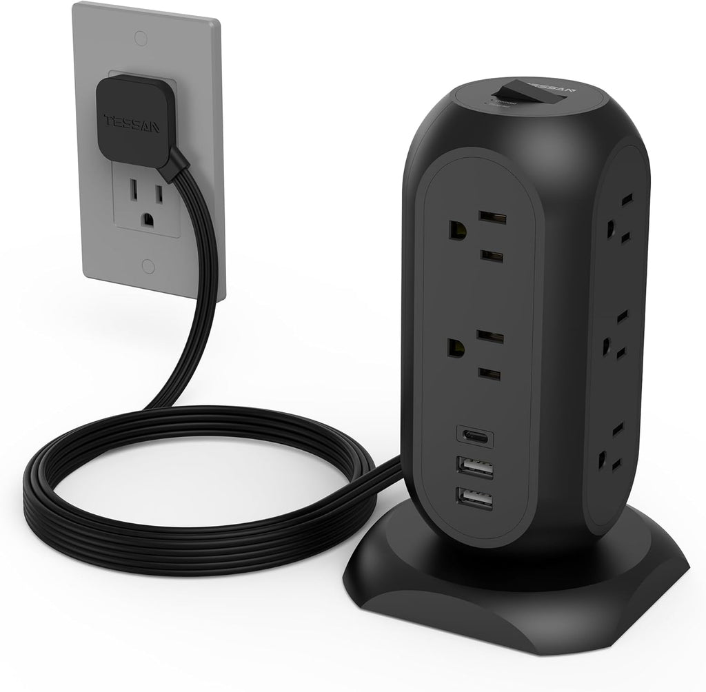 TESSAN Surge Protector Power Strip Tower with 3 USB Ports 11 Outlets, 1875W/15A, Black Extension Cord 6 Feet, 1050J Protection Desktop Charging Station for Office School Dorm Room Essentials