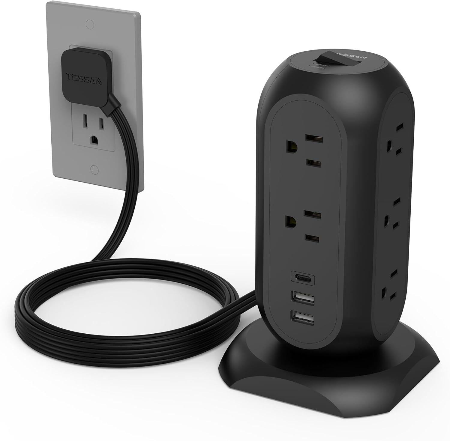 TESSAN Surge Protector Power Strip Tower with 3 USB Ports 11 Outlets, 1875W/15A, Black Extension Cord 6 Feet, 1050J Protection Desktop Charging Station for Office School Dorm Room Essentials