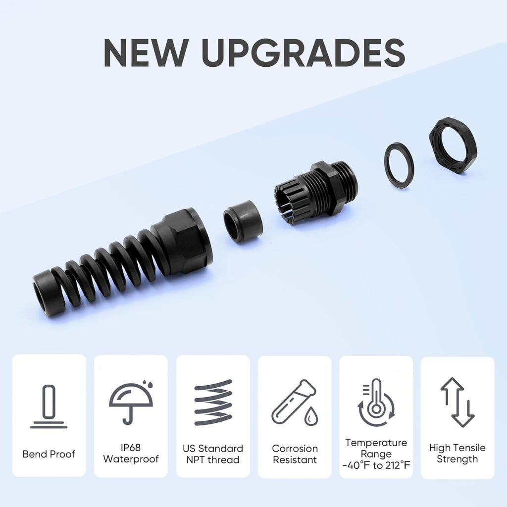 Strain Relief Cord Connector,LISTENJIALE 5Pcs NPT 1/2" Waterproof Cable Gland Flex Spiral Strain Relief Adjustable 6-12mm Cable Connector Nylon Joint with Gaskets(Black)