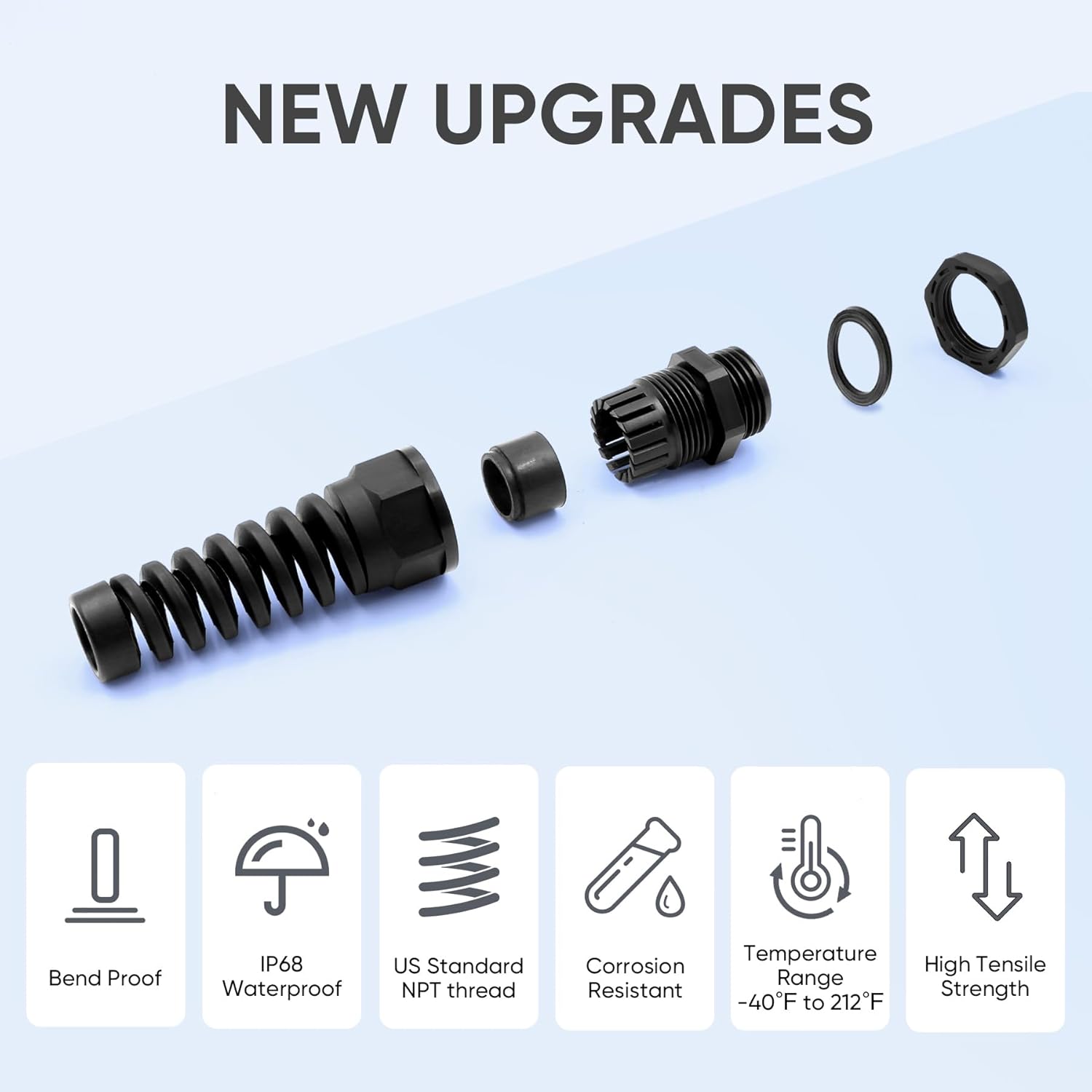 Strain Relief Cord Connector,LISTENJIALE 5Pcs NPT 1/2" Waterproof Cable Gland Flex Spiral Strain Relief Adjustable 6-12mm Cable Connector Nylon Joint with Gaskets(Black)