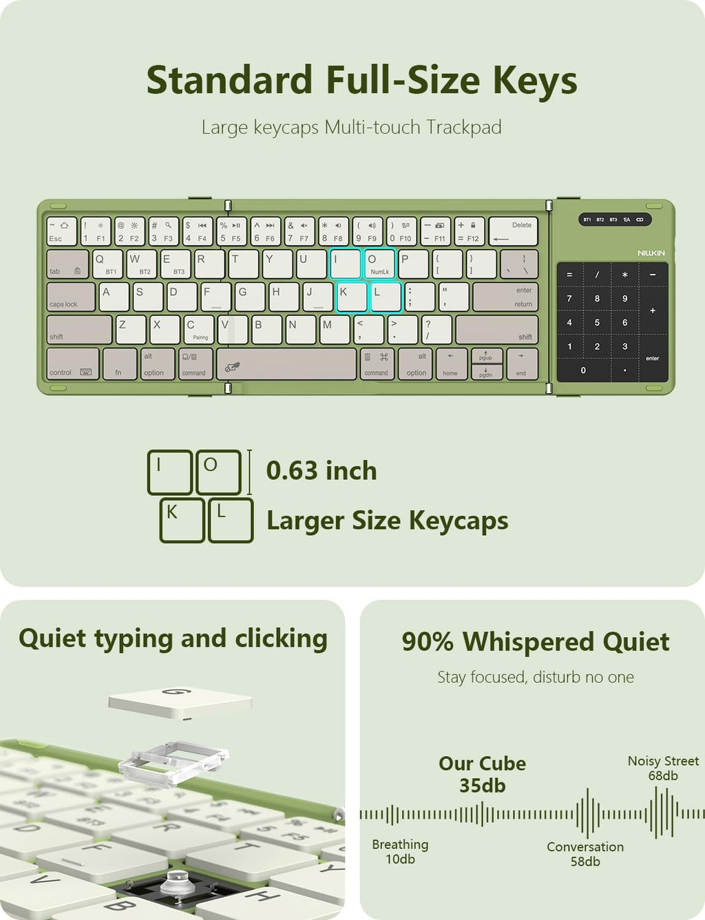 Nillkin Foldable Bluetooth Keyboard with Touchpad & Number Pad, Portable Bluetooth Keyboard with Full Size Keys, Pocket-Sized Wireless Travel Keyboards for iPad, Smartphone, Tablet and Laptop Green