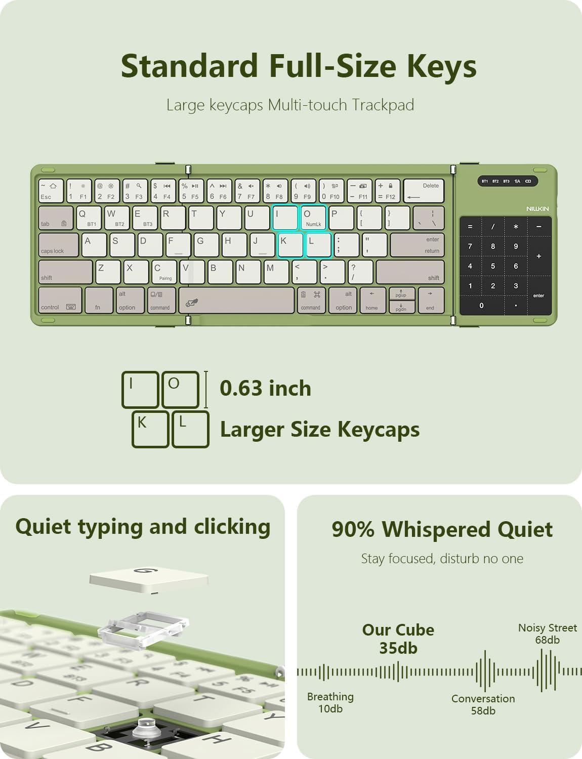 Nillkin Foldable Bluetooth Keyboard with Touchpad & Number Pad, Portable Bluetooth Keyboard with Full Size Keys, Pocket-Sized Wireless Travel Keyboards for iPad, Smartphone, Tablet and Laptop Green
