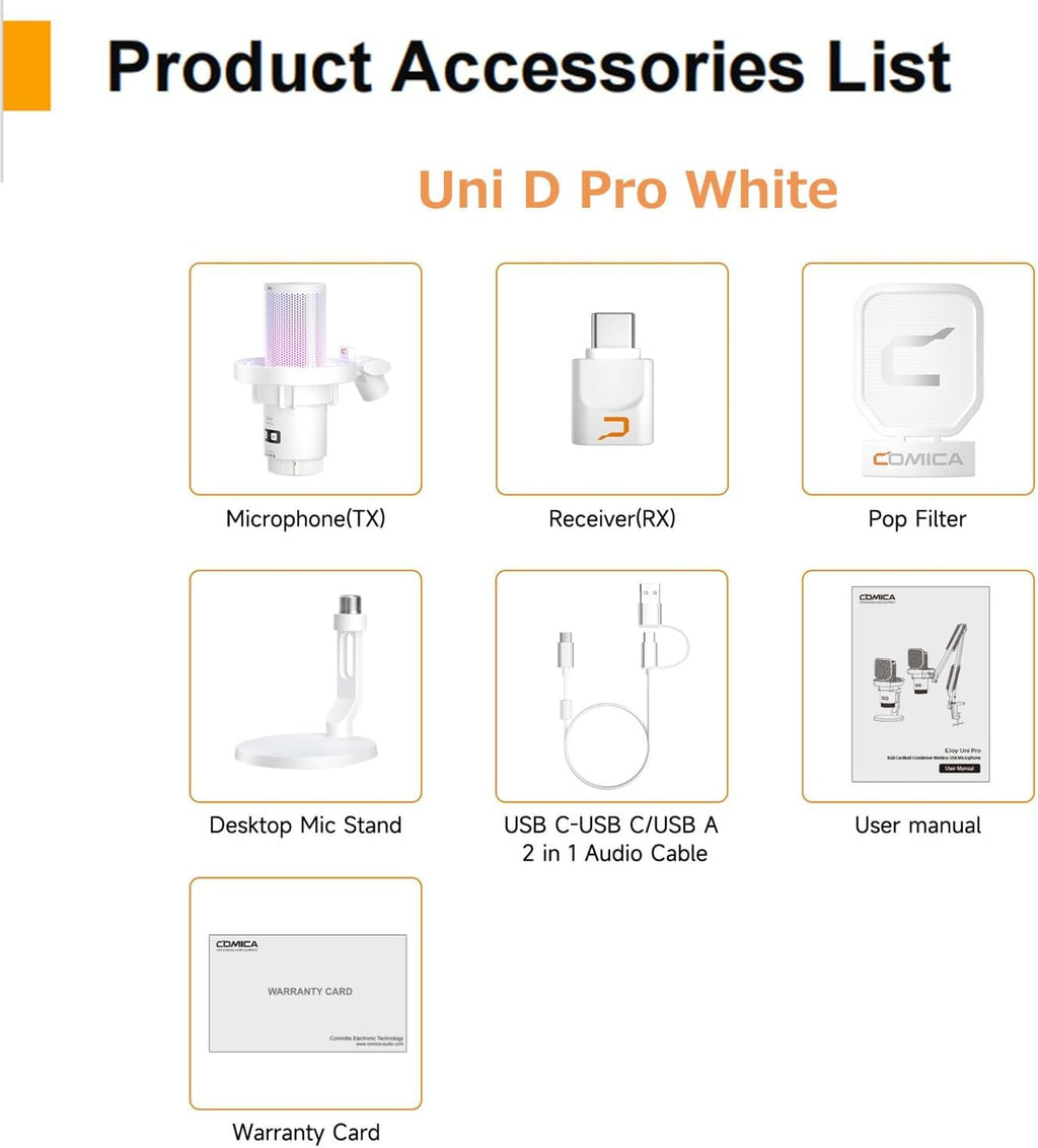 COMICA Wireless USB Microphone for Computer and Smartphone,48kHz/24bit RGB Cardioid Condenser Gaming Mic for Podcasting,Streaming,Recording,with Desktop Stand-White(EJoy Uni Pro D)