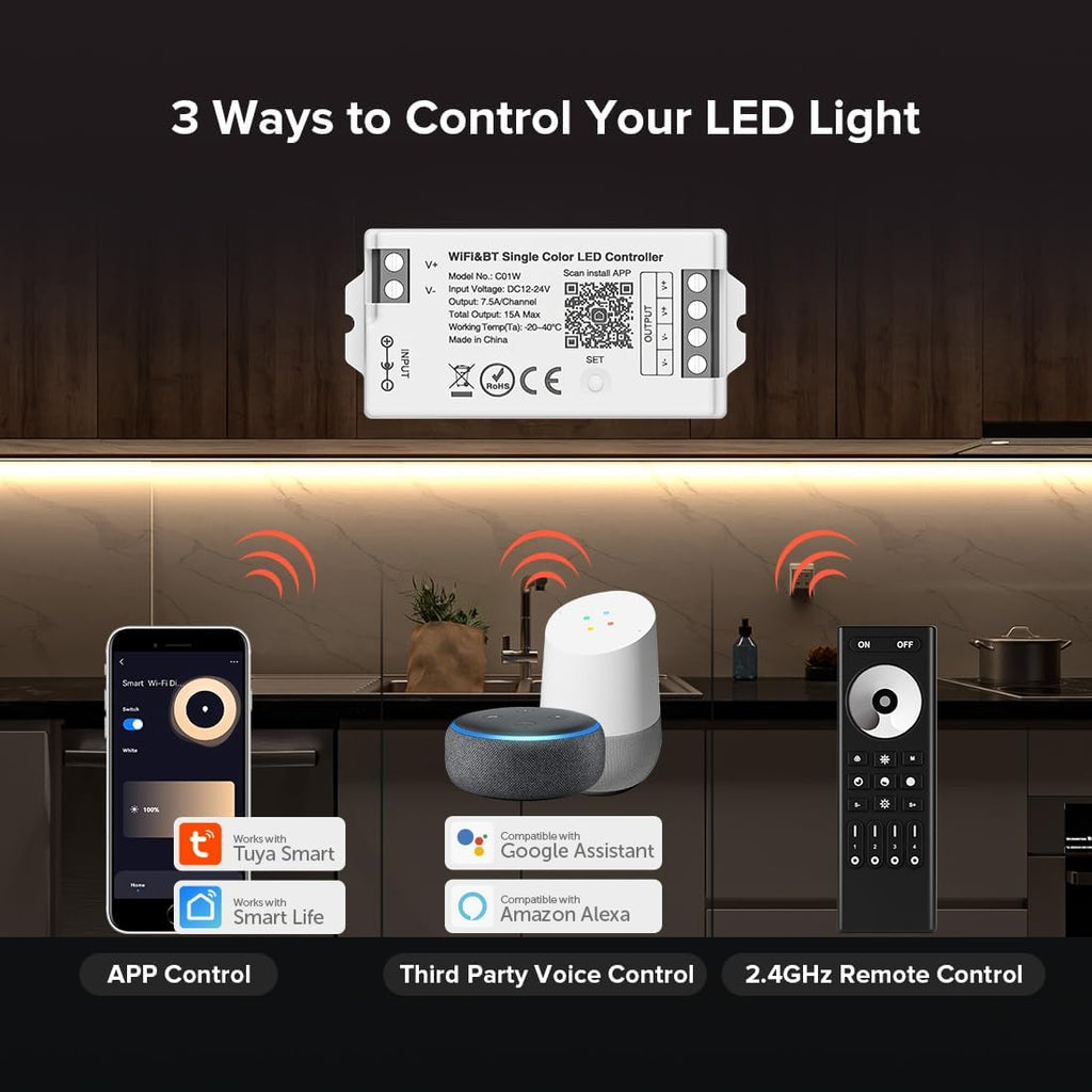 BTF-LIGHTING C01W Monochrome PWM (+V -V) 2PIN LED Strip Dim Brightness 2.4GHz Tuya WiFi Group Controller Alexa Google Home Smartphone APP Control Compatible with WR02RF RC01RFB Remote