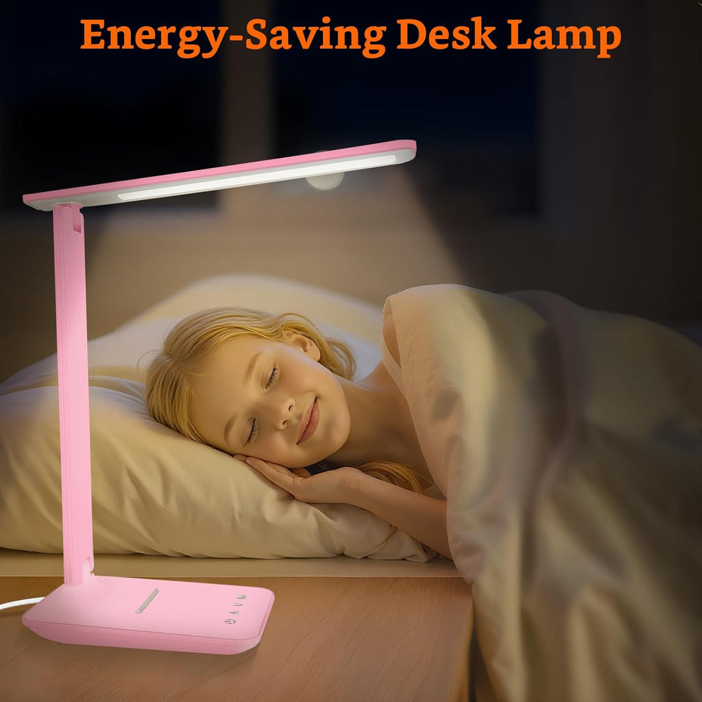 karidi LED Desk Lamp Dimmable Table Lamp with USB Charging Port, 5 Lighting Modes, Sensitive Control, Foldable Portable Desk Light for Home Office Bedroom Reading (Pink, Standard Size - 13.3 inch)