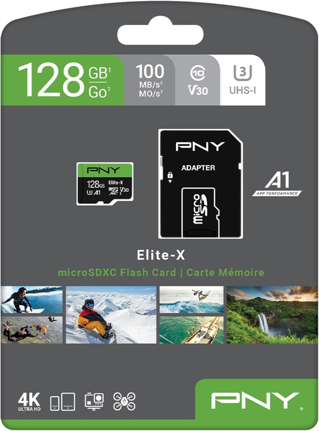 PNY 128GB Elite-X Class 10 U3 V30 microSDXC Flash Memory Card - 100MB/s, Class 10, U3, V30, A1, 4K UHD, Full HD, UHS-I, microSD