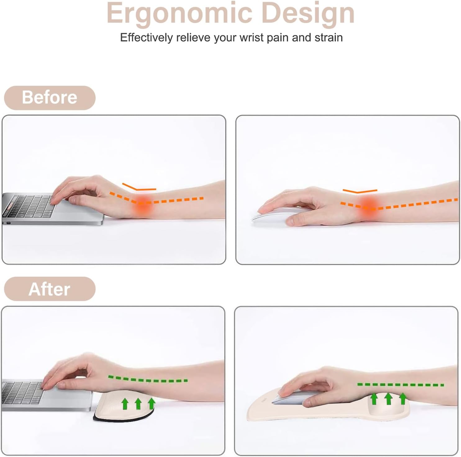 MOSISO Wrist Rest Support for Mouse Pad & Keyboard Set, Ergonomic Mousepad Non-Slip Base Home/Office Pain Relief & Easy Typing Cushion with Neoprene Cloth & Raised Memory Foam, Apricot