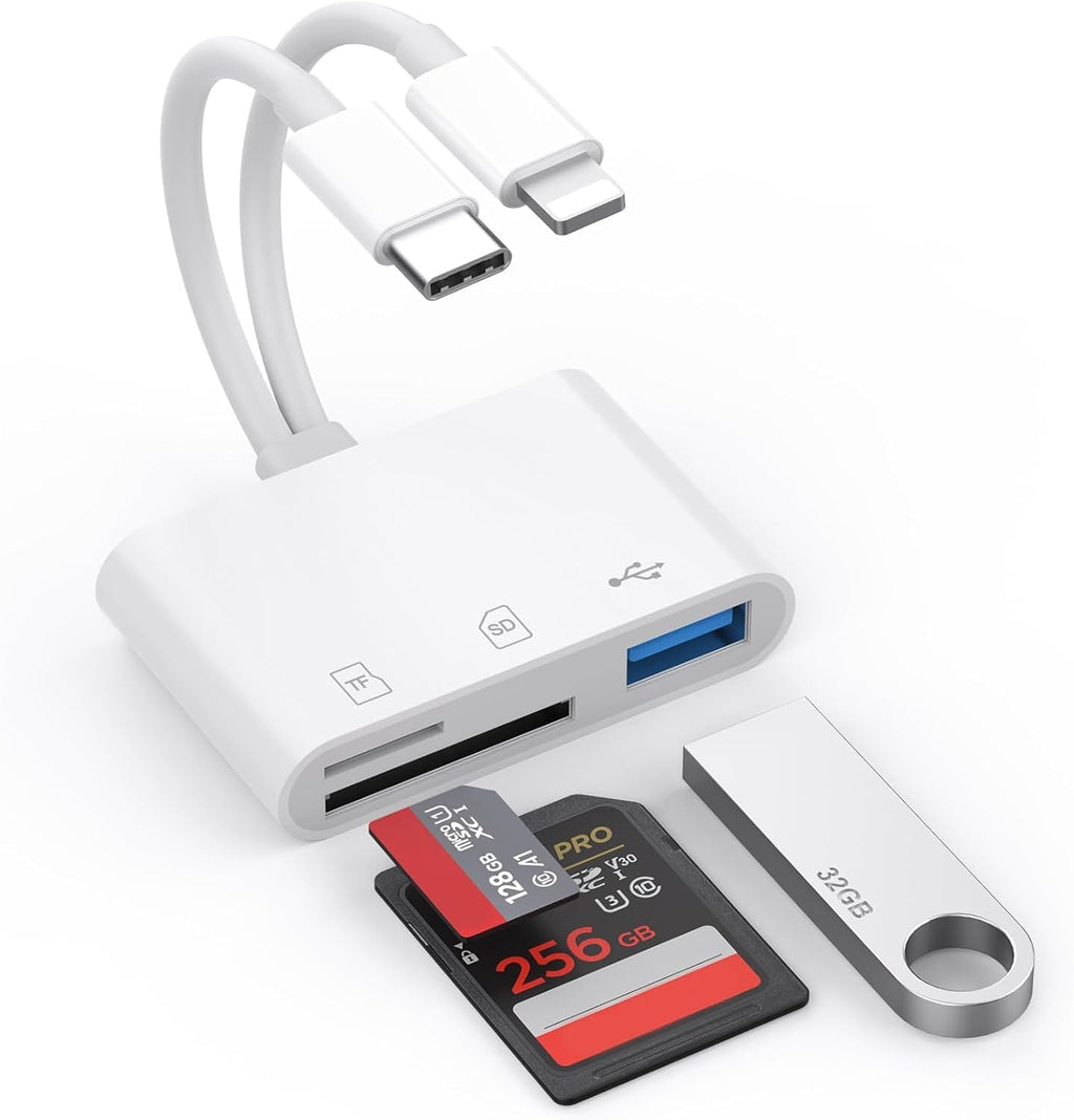 SD Card Reader for iPhone iPad Mac, Lightning & USB-C Dual Connectors Memory Card Reader with SD/Micro SD/USB-A 3 Slots, Digital Camera Adapter to iPhone, Plug & Play