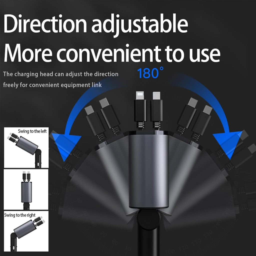 Retractable Car Charger，4 in1 Fast Car Phone Charger with Dual Retractable Cables and 2 Charging Ports (Type C+Lightning Retractable Cords)