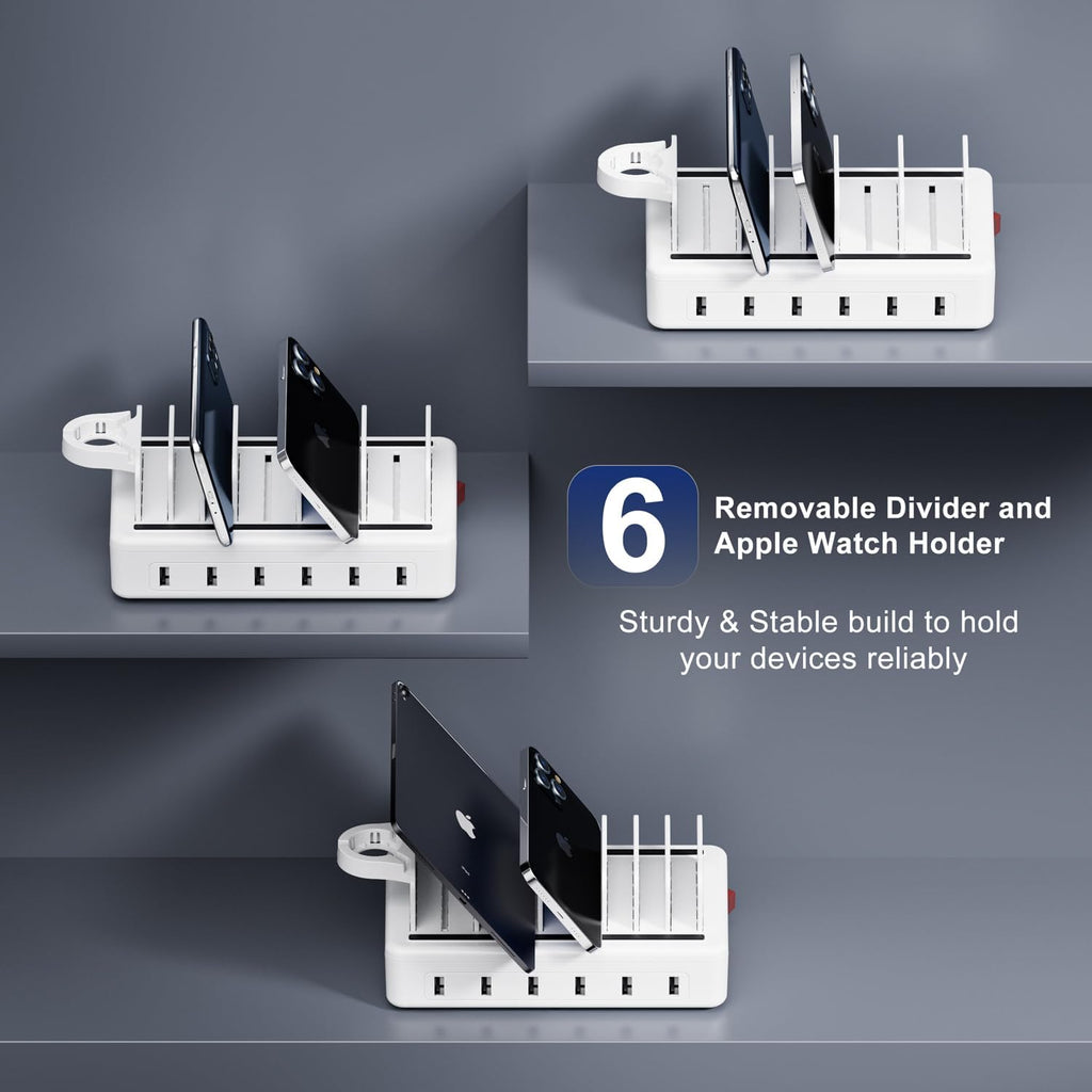 Charging Station for Multiple Devices, 6 Port 50W Fast Multi Charger Station Charging Dock with 6 Mixed Charging Cables for iPhone, iPad, Kindle, Tablet, Cellphone and Others