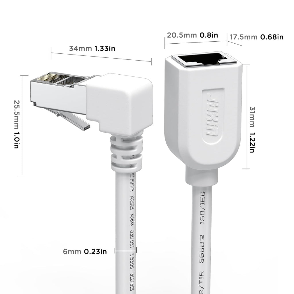 Right Angle Ethernet Extension Cable UPangle 1.5ft-White, 90 Degree CAT6 Ethernet Patch Cable RJ45 LAN Cable Extender Male to Female Connector for Router Modem Smart TV PC Computer Laptop