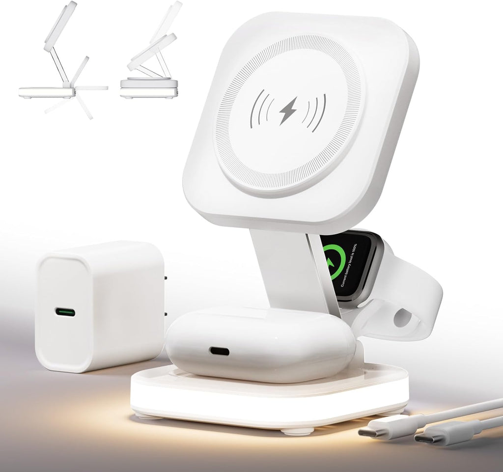 5-in-1 Magnetic Wireless Charging Stand for Apple MagSafe Charger with Night Light for iPhone 16/15/14/13/12, Watch, AirPods, Travel Magnetic Charger Nightstand Charging Station (Adapter Included)