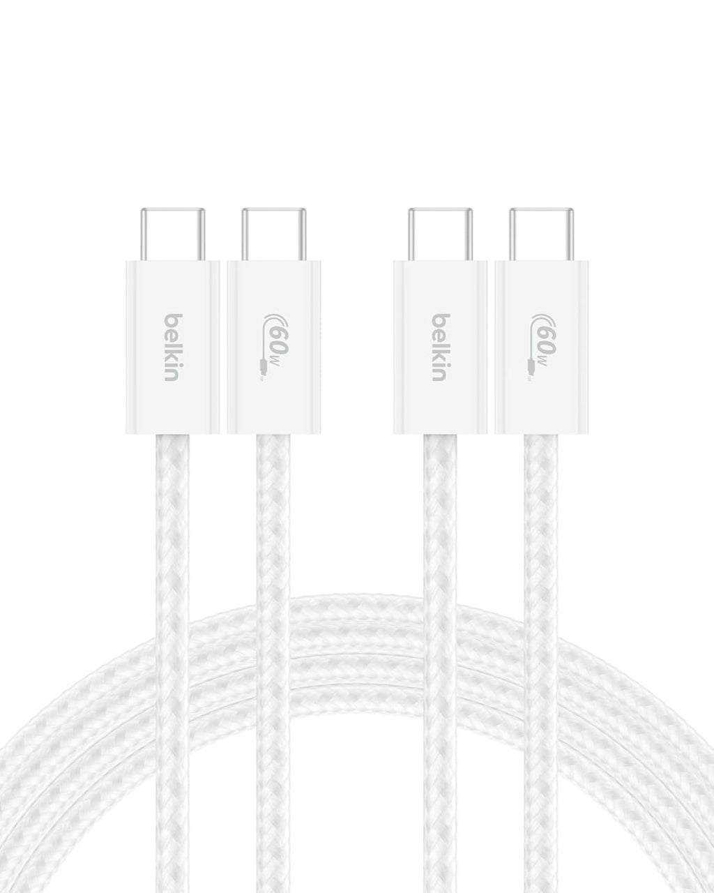 Belkin USB C to USB C Cable 2-Pack, 6.6ft, 60W - Type C Charger, iPhone Charger Cord, Soft, Braided, Flexible for iPhone 16, Galaxy S25, Pixel 9, Airpods, iPad Pro & More, Travel Essentials - White