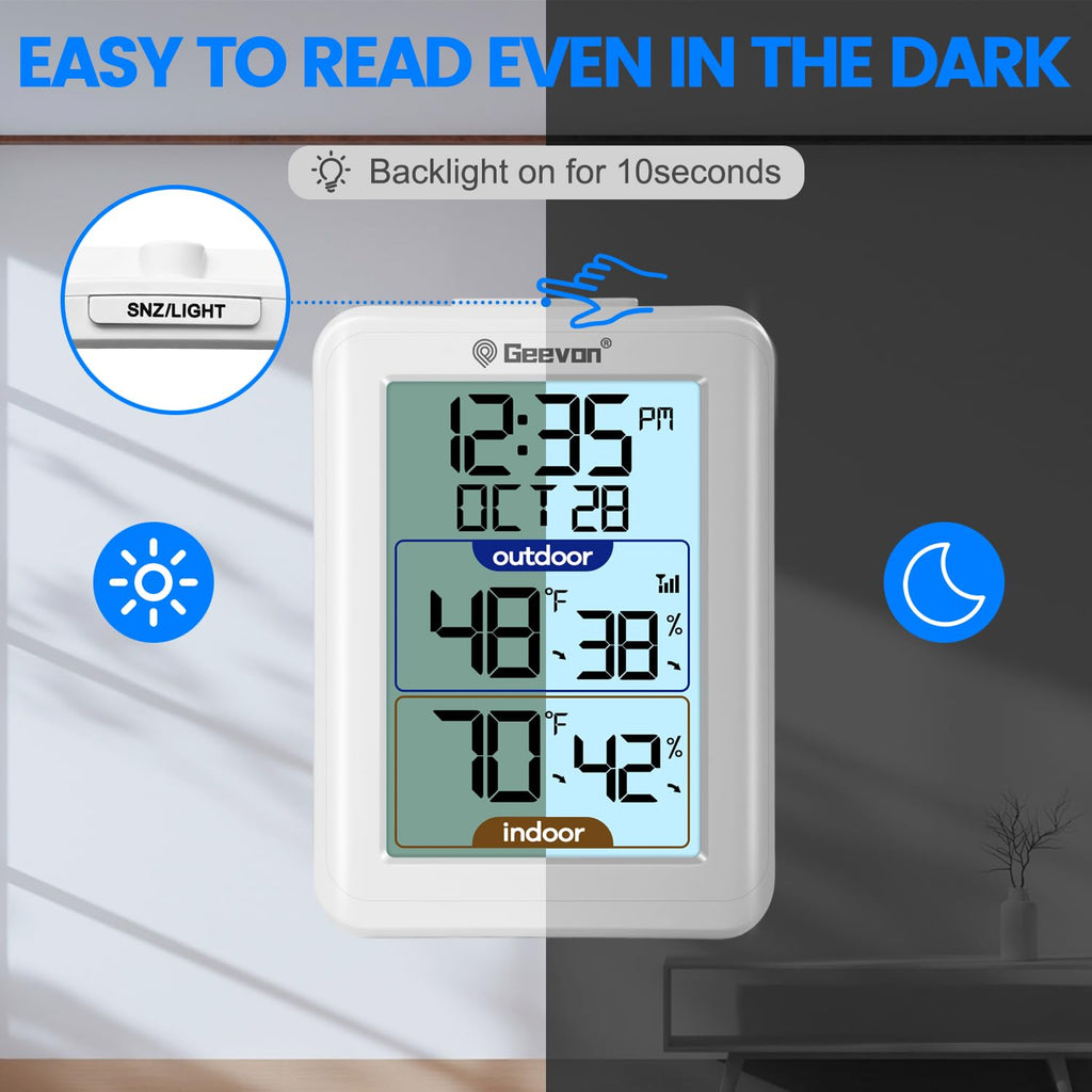 Geevon Digital Hygrometer Indoor Outdoor Thermometer Wireless with Clock, Backlight Temperature Gauge Humidity Monitor, Inside Outside Thermometer with 200ft/60m Range Remote Sensor,White