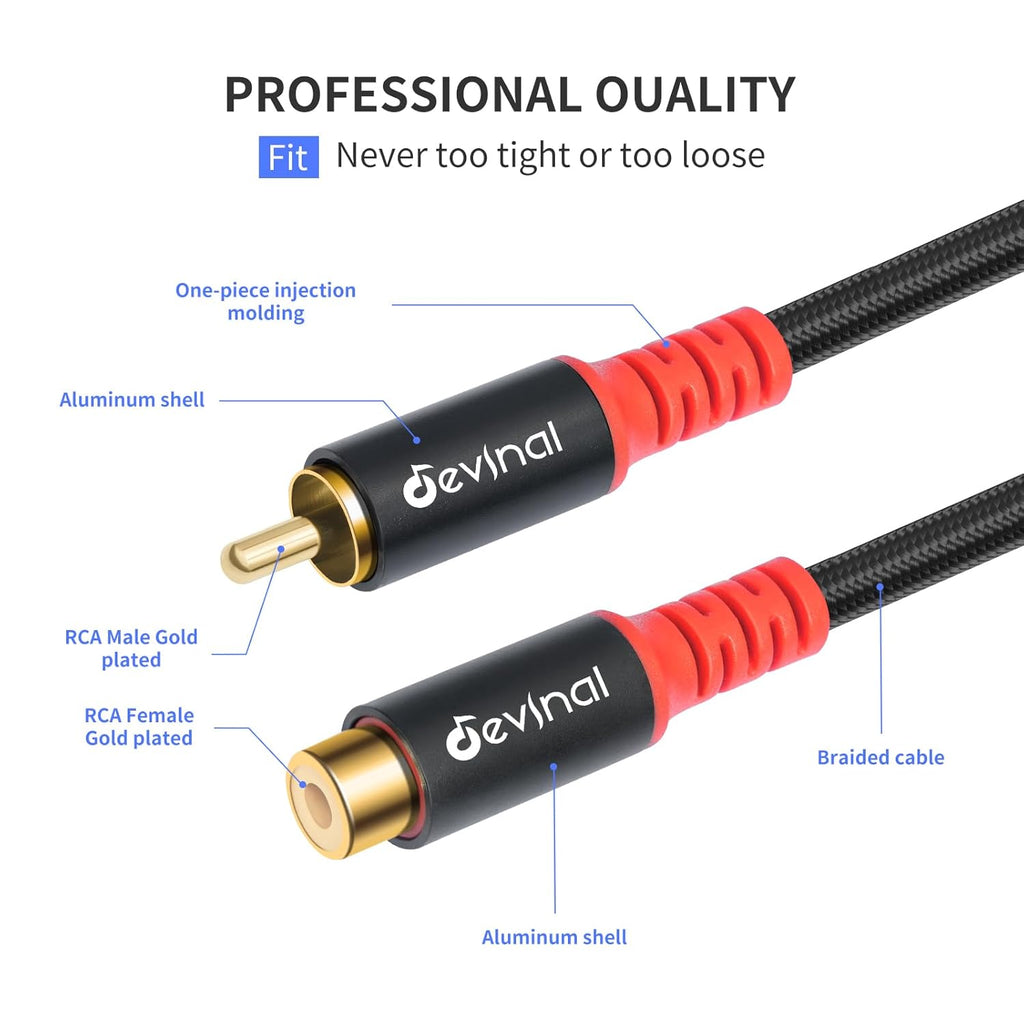 Devinal RCA Female to Male Extension Cable - Premium Audio Extender Cord for High Sound Quality & Durability, Compatible with Home Theater, TV, Soundbar - 10ft/3m